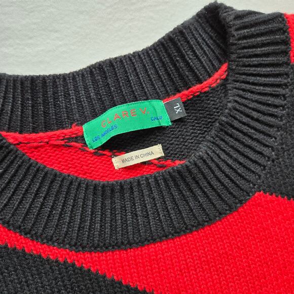 Clare V Drop Shoulder Poppy Red Black Stripe Sweater Cotton Cashmere Womens XL - Picture 13 of 13